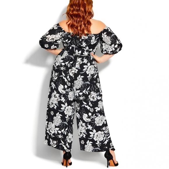 NWT City Chic Mod Floral Off Shoulder Belted jumpsuit Black/White - Picture 3 of 6